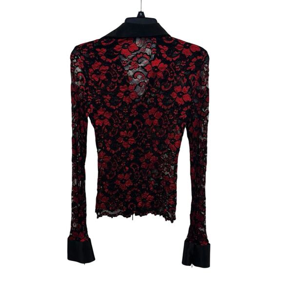 Vintage Cache Red Black Lace Zip Up Blouse Floral Vampire Goth Dark Romantic : S - Picture 2 of 14